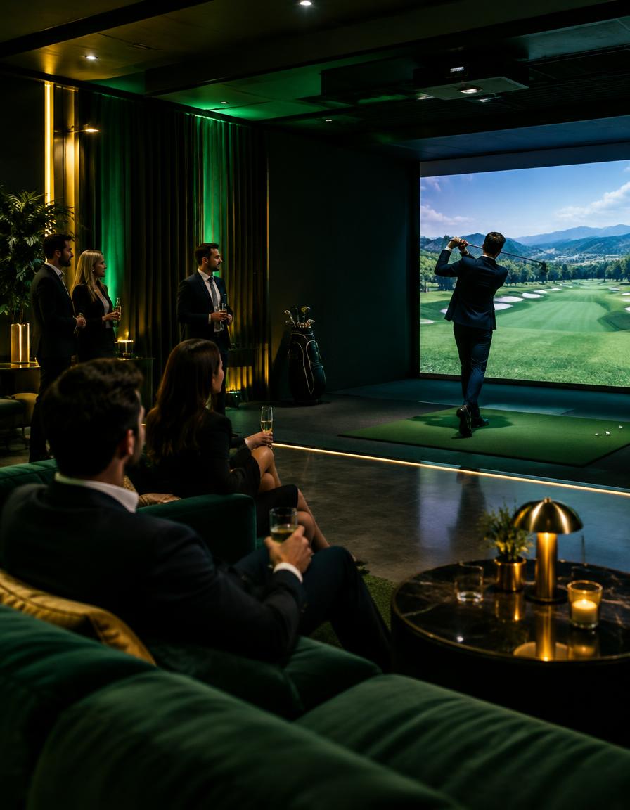 Illustration of a golf simulator at a corporate setting