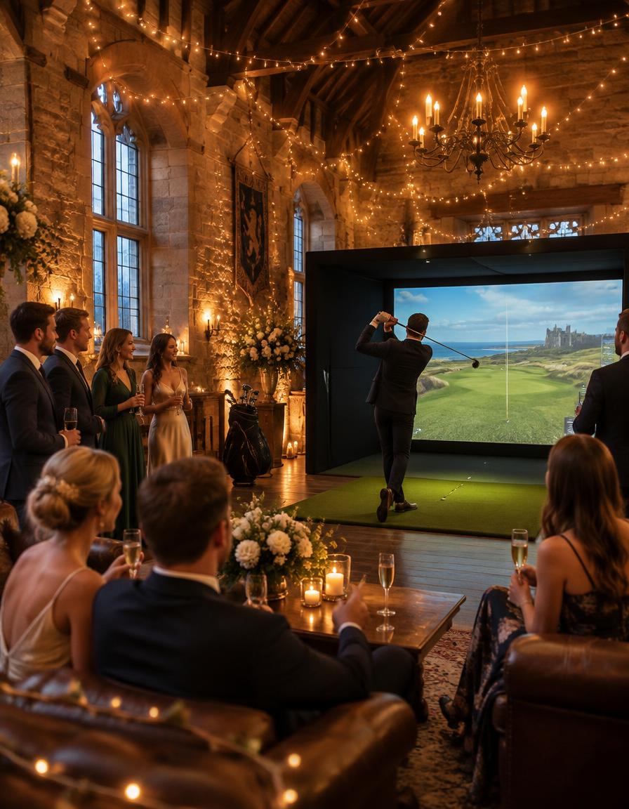 Illustration of a golf simulator at a weddings setting